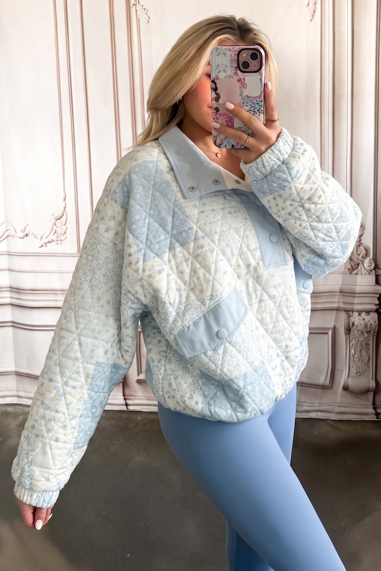 Multicolour Floral Quilted Half Button Pocketed Pullover Sweatshirt